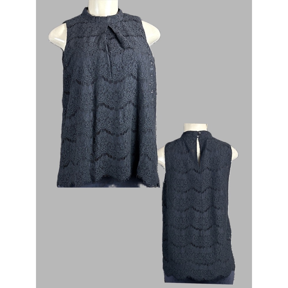 Fourteenth Place L Black Lined Lace High Neck Scalloped Hem Sleeveless Blouse
